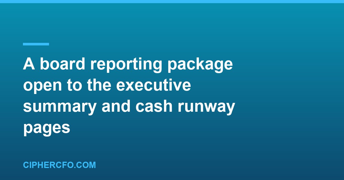 A board reporting package open to the executive summary and cash runway pages